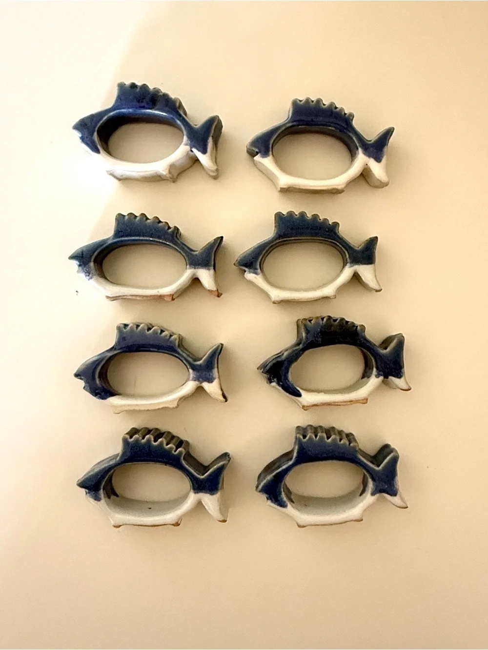 Vintage Blue White Ceramic Fish Napkin Rings Set of 8 Coastal Nautical Decor